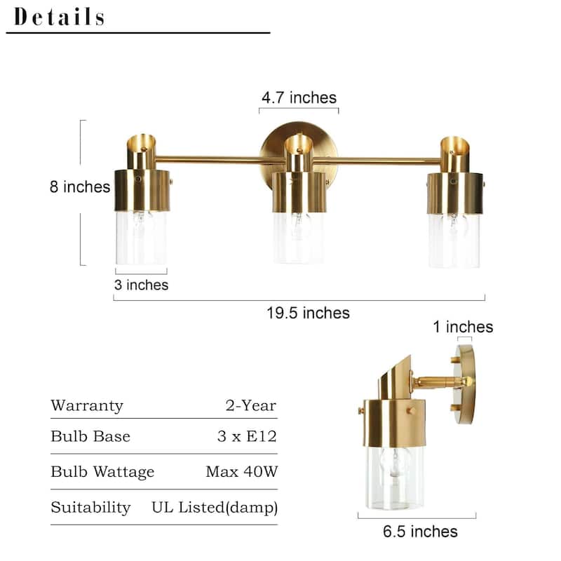 Modern 2/3-Light Dimmable Gold Bathroom Vanity Light Cylinder Glass Wall Sconces
