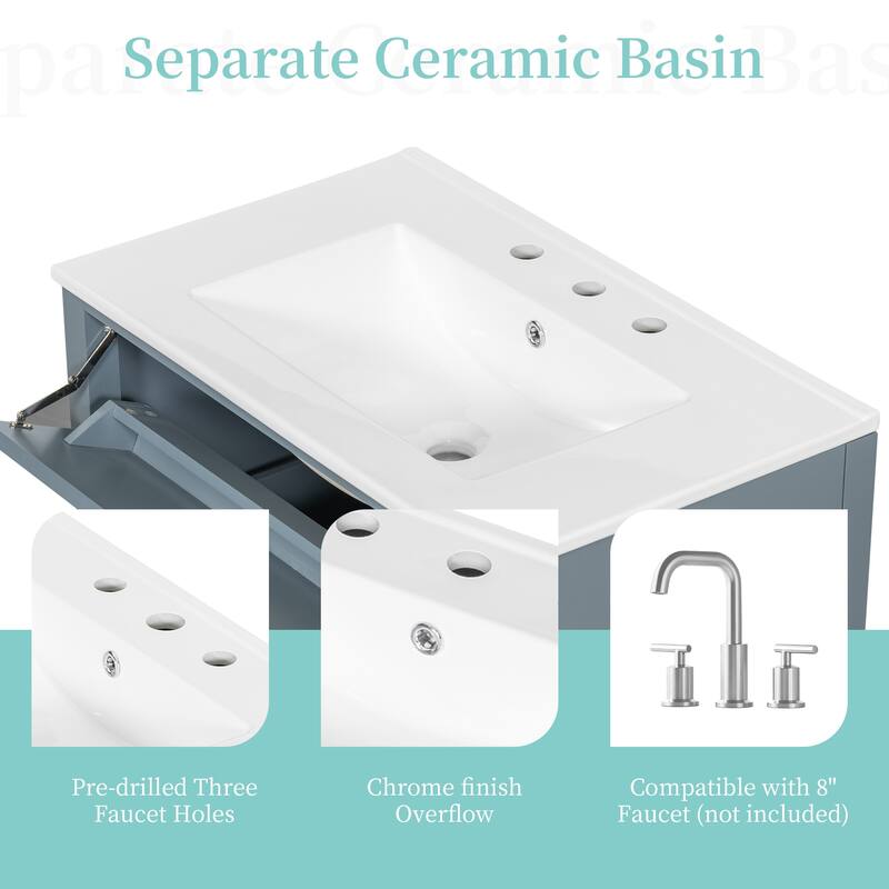 30/36 Inch Bathroom Vanity, Bathroom Sink Cabinet, Freestanding Bathroom Storage Cabinet with Ceramic Basin