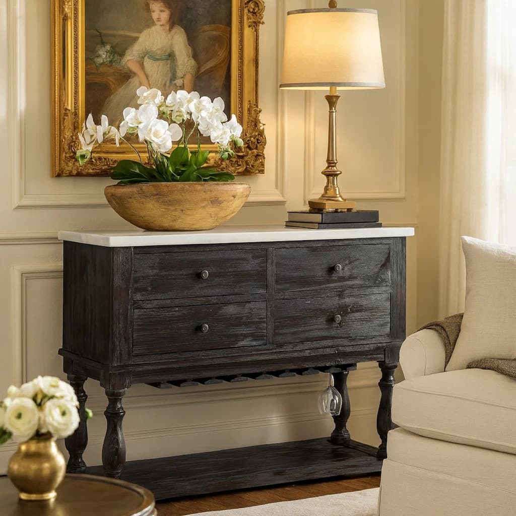Four Drawers Wooden Server with Marble Top, White and Brown