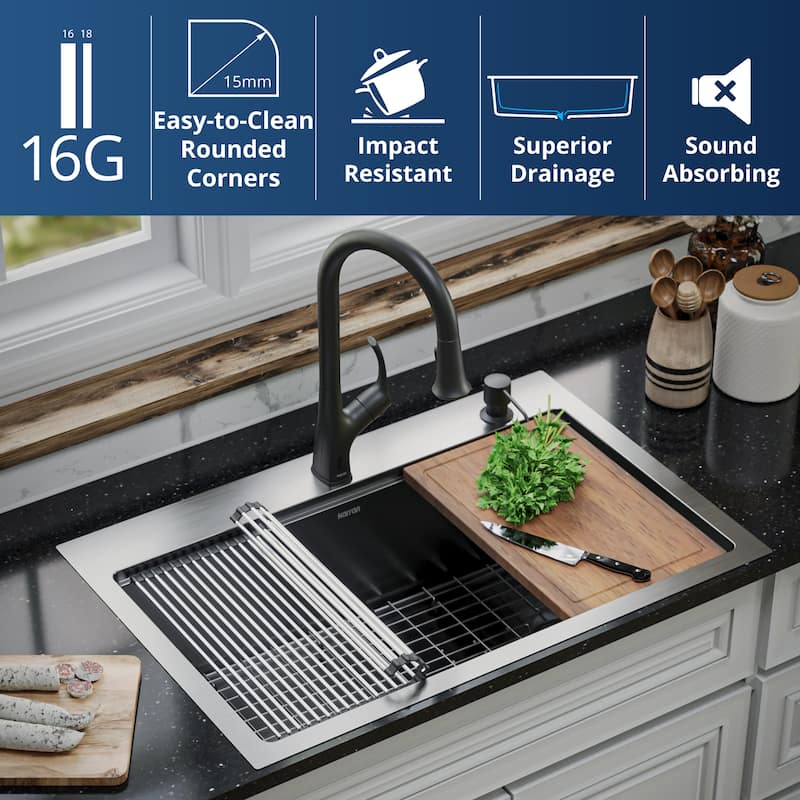 Karran Elite WST-26-PK1 Top Mount 33" Single Bowl Stainless Steel Workstation Kitchen Sink with Right Drain