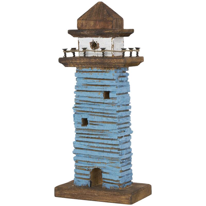 Wood Light House Distressed Decorative Sculpture with Blue and Brown Accents - Set of 2 Red - Roche River Decor