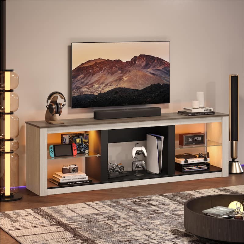 Bestier 70-Inch LED TV Stand with Tempered Glass Shelves and Open Cabinet - 71 in - White Wash