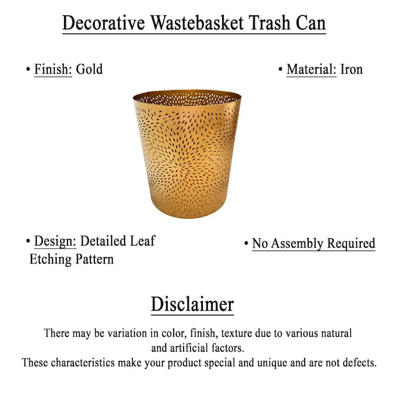 10" Decorative Iron Wastebasket Trash Can Matte Gold Leaf Etched Design