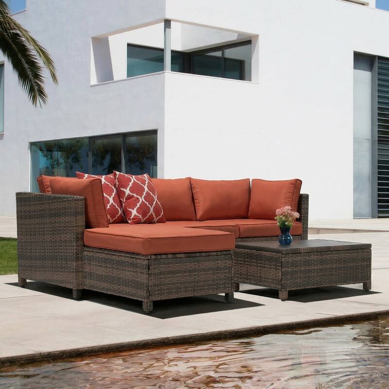 3 Pieces Wicker Patio Outdoor Sectional Set - Orange