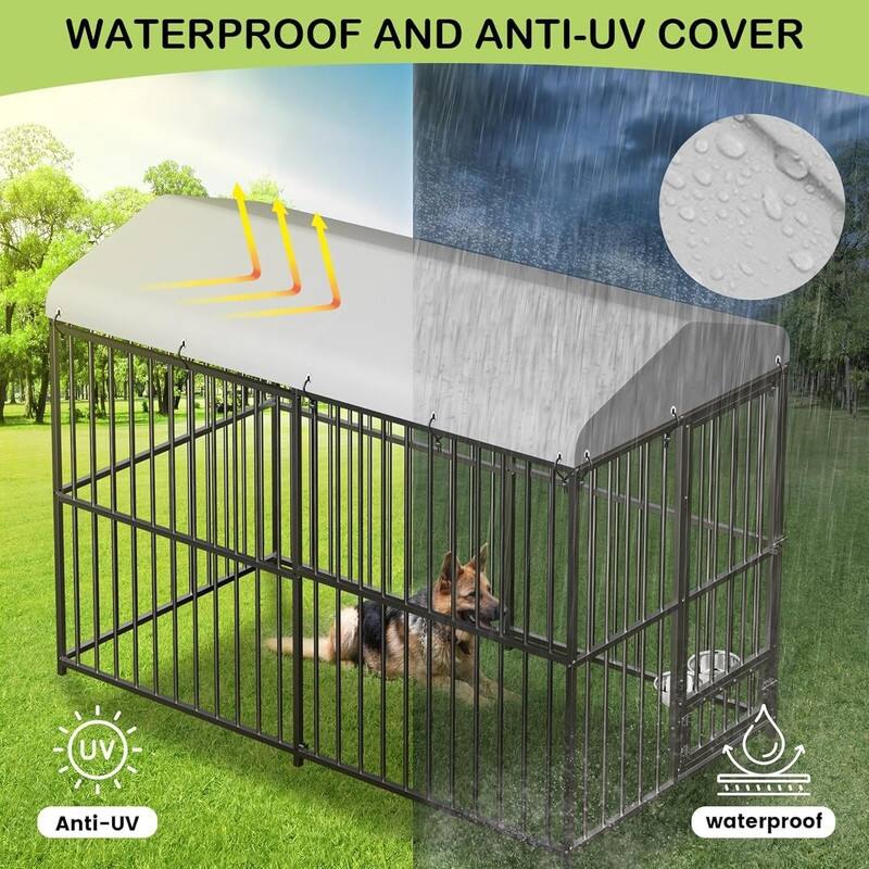 Dog Cage Kennel with Rotating Feeding Bowl Waterproof Roof Cover