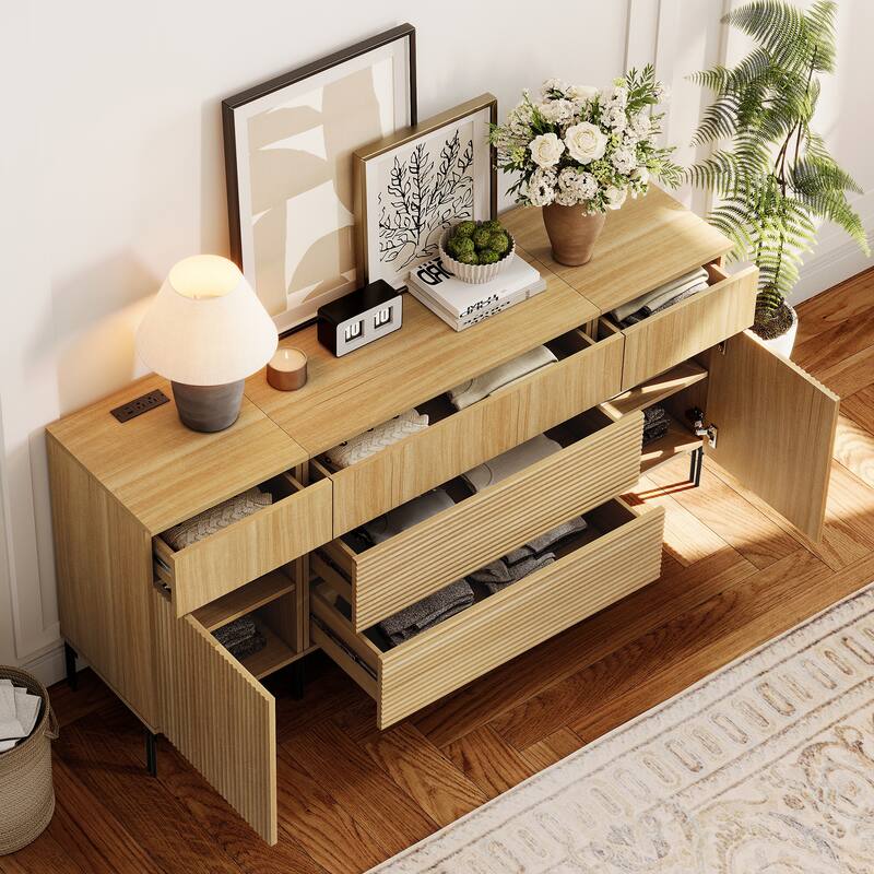 63" Modern Wood 5-Drawer Dresser With Reeded Design, Minimalist Dresser Organizer Storage