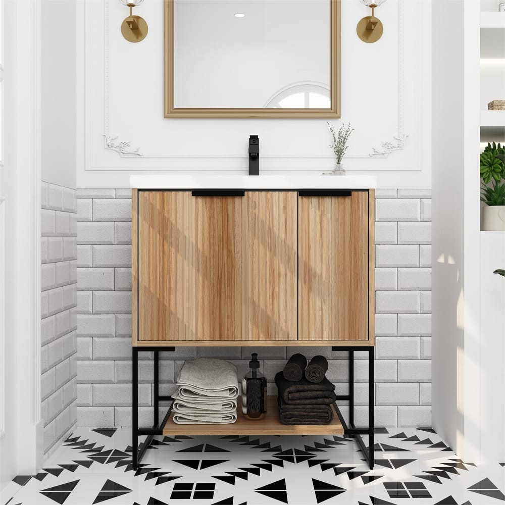 Bathroom Vanity With Sink In 24/30 Inch, Freestanding Bathroom Vanity With Soft Close Door & Drawer and Open Shelf