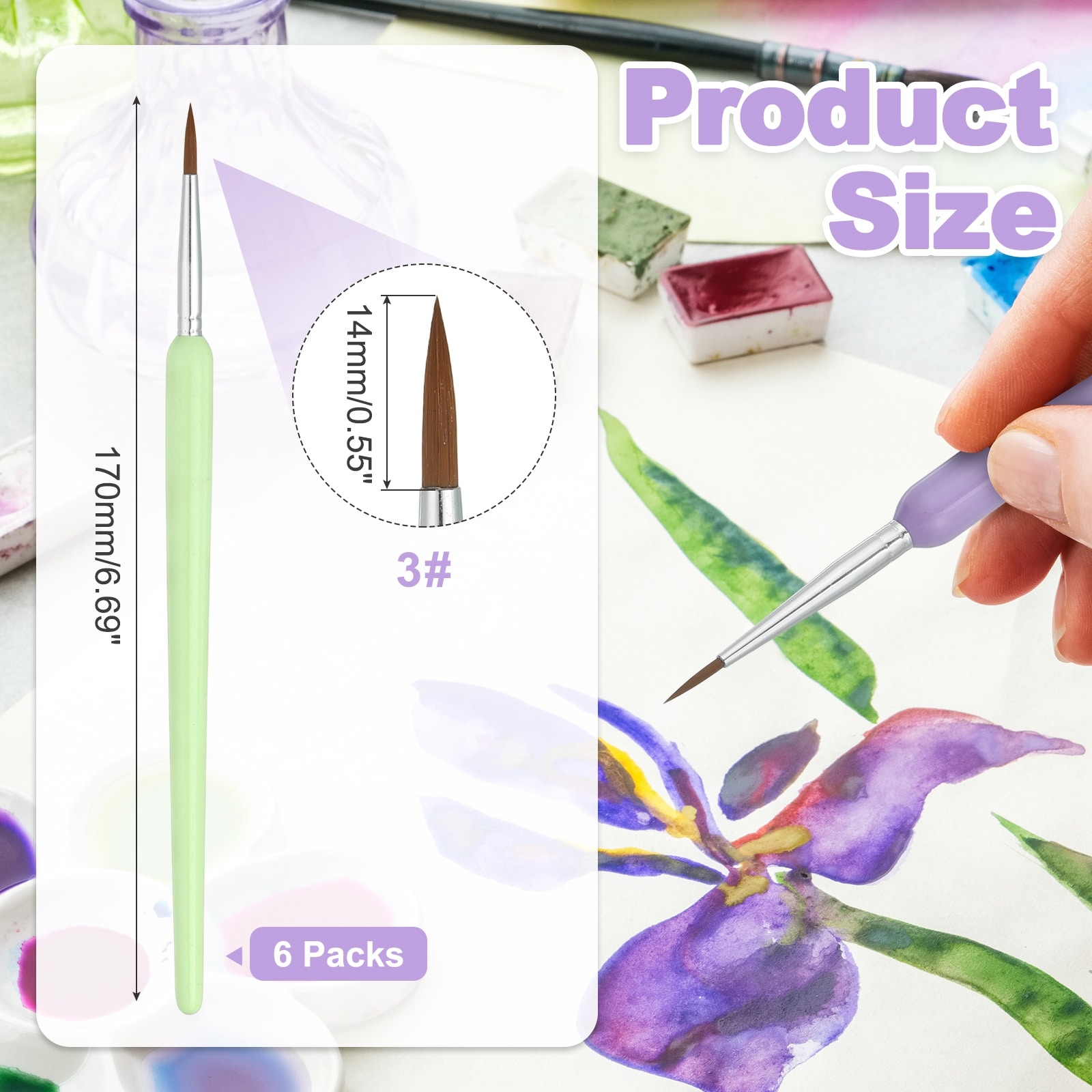 Miniature Detail Paint Brushes, 5mm Fine Tip Paint Brushes(Green, Pack of 6)