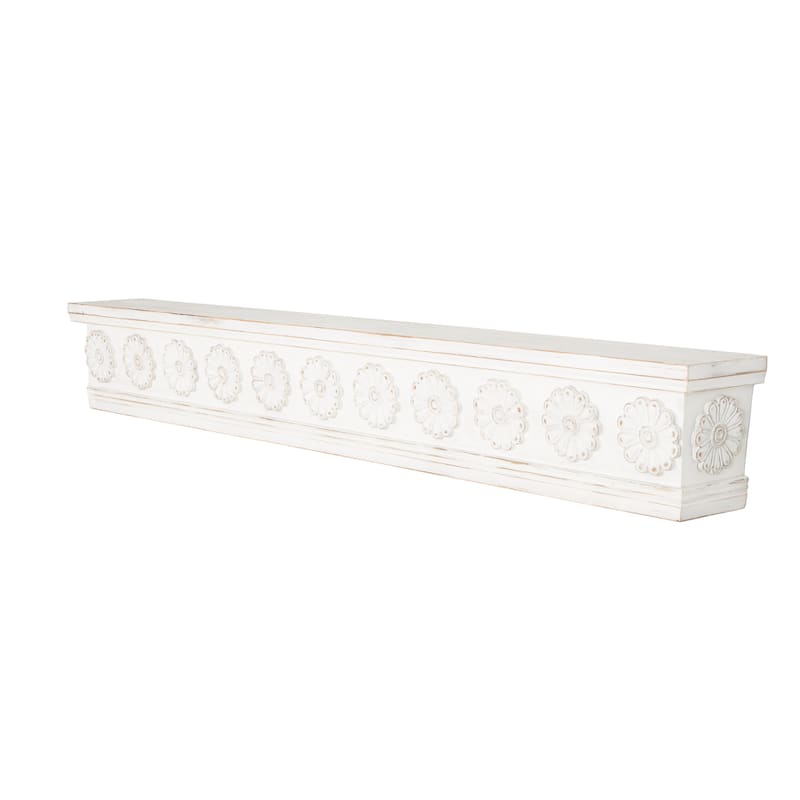 Wooden Floral Wall Shelf with Brown Distressing - White - Roche River Decor