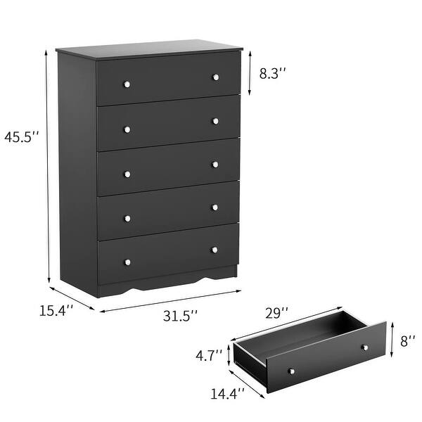 Furniwell 5 Drawer Dresser for Bedroom Wooden Top Tall Storage