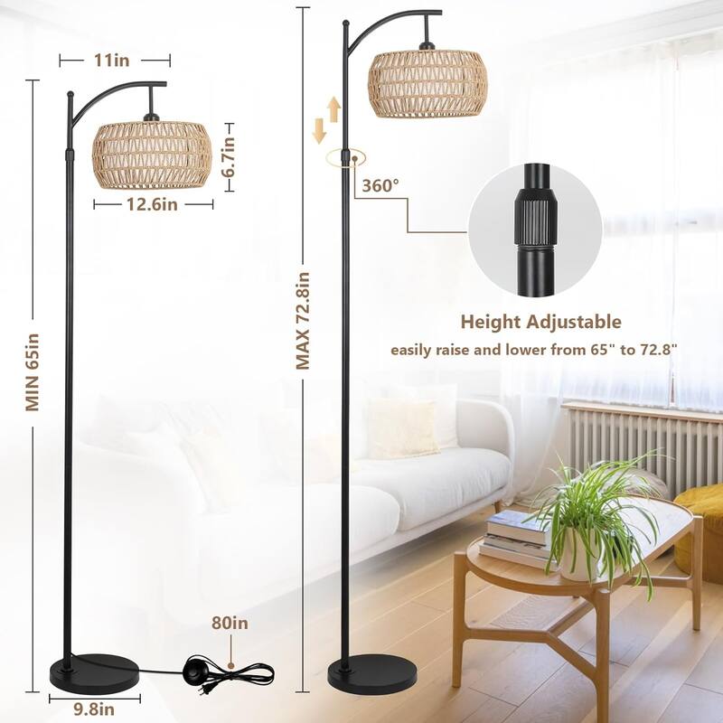 Arc Floor Lamp with Remote Control,Dimmable LED Lamp with 3 Color Temperature,Standing Lamp with Rattan & Fabric Drum Shade