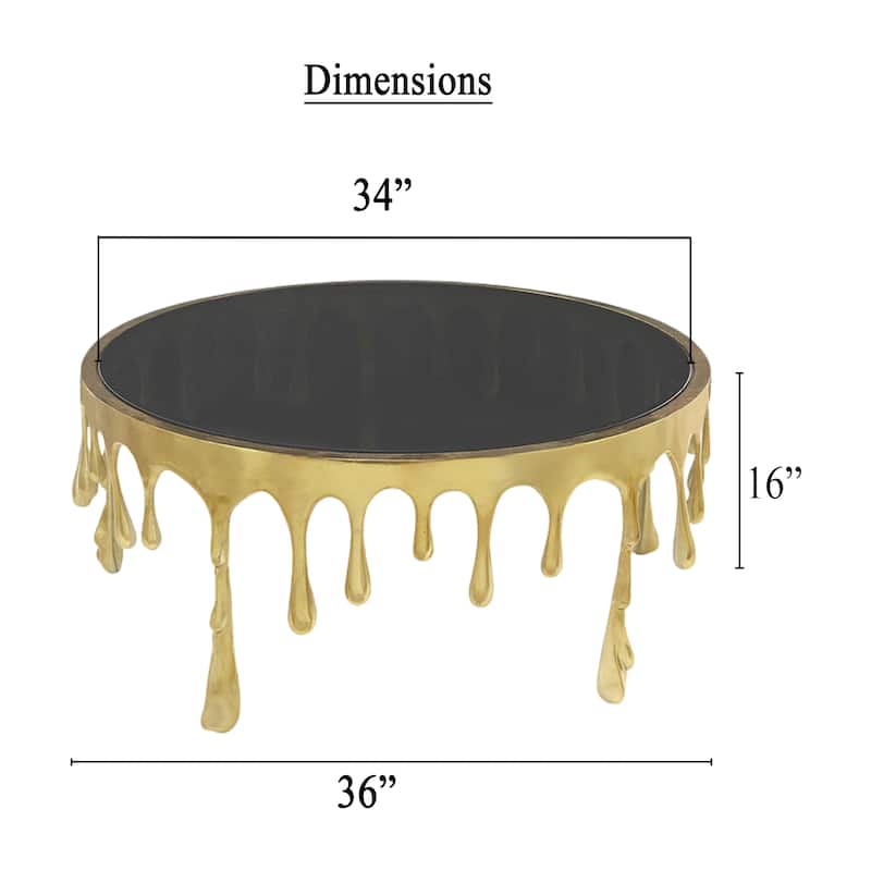 Capri Coffee Table, 36 Inch Round Glass Top, Melting Drip Design, Antique Gold