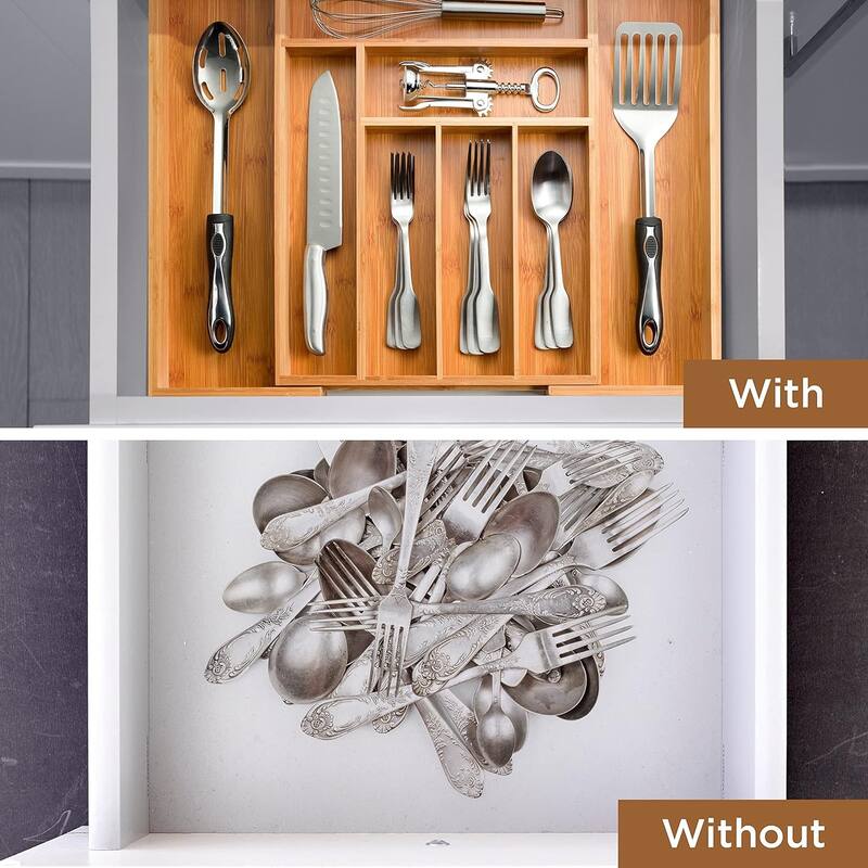 Expandable Silverware Organizer - Bamboo Kitchen Drawer Organizer, Utensil Holder - Drawer Organization and Storage