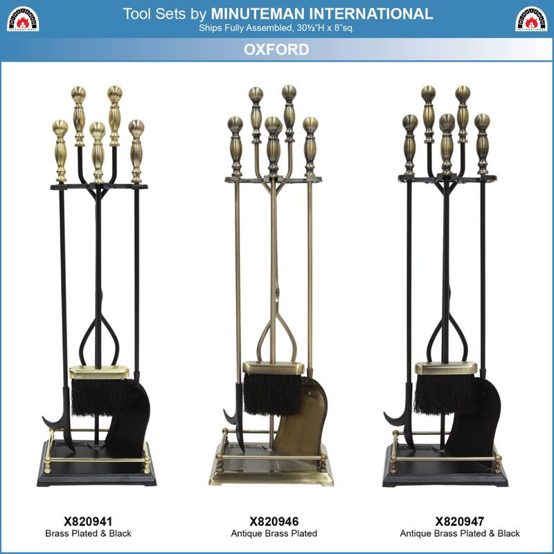 Achla Designs Oxford Set of 4 Fireplace Tools, 30.5 Inch Tall, Black and Polished Brass
