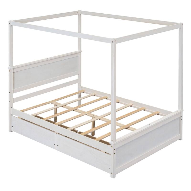Full Size Wood Canopy Platform Bed with 2 Drawers, No Box Spring Needed, Brushed White Finish