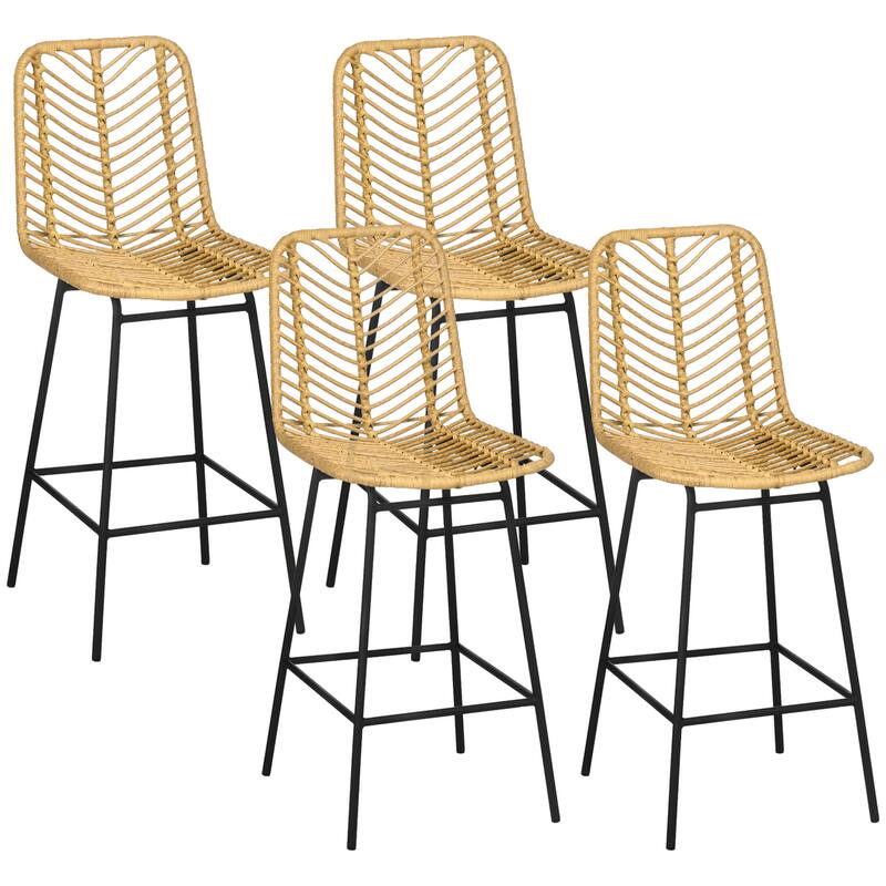 Rattan Bar Stools Kitchen Island Stools Breakfast Bar Stools Set of 4 with Breathable Wicker Seat and Back