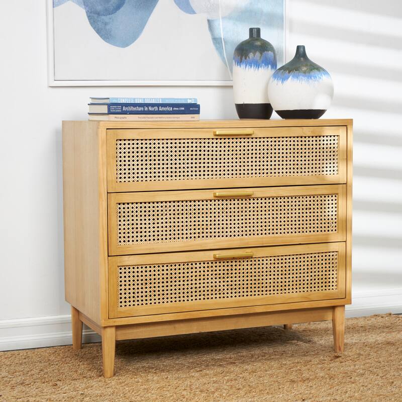 Wood 3 Drawer Chest with Beige Rattan Drawers and Gold Handles - Light Brown or Black - Roche River Decor