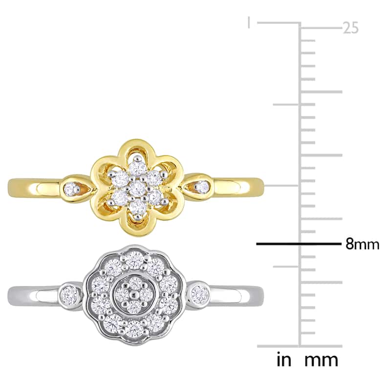 Miadora 1/3ct TW Diamond Floral Rings 2-Piece Set 2-Tone Yellow White Sterling Silver