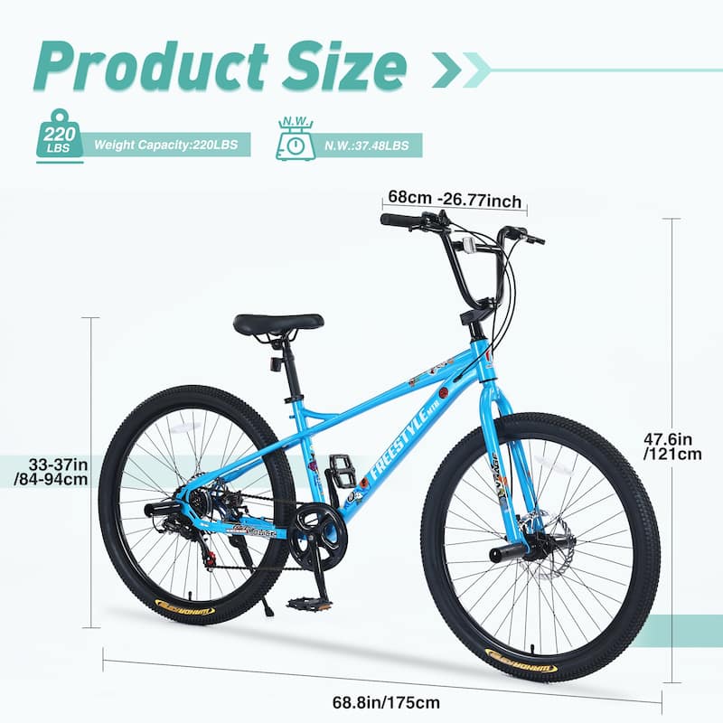 Freestyle Kids Mountain Bike, 26-inch, Shimano 7-Speed, Double Disc Brakes, Purple Bicycle for Boys & Girls 12+ Years