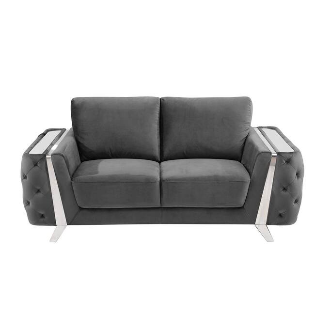 HomeRoots 72" Dark Gray And Silver Velvet Loveseat