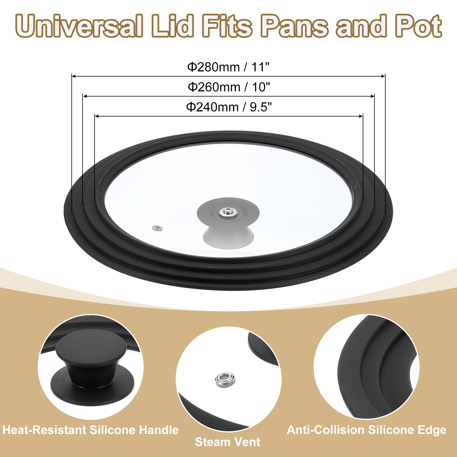 1 Pcs Universal Lid for Pot Pans Cookware - Black - Fit 9.5, 10, 11 Inch