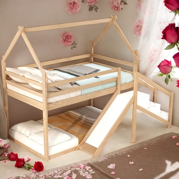 slide 2 of 15, Twin Over Twin House Loft Or Bunk Bed With Slide And Staircase for Home Natural
