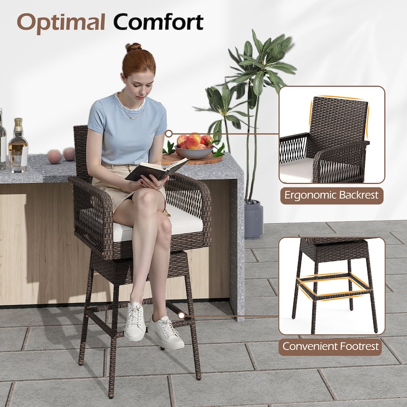 29-Inch Mix Brown Rattan Bar Height Swivel Stool with Comfortable Cushion for Outdoor Use - 22" x 22" x 46.5"