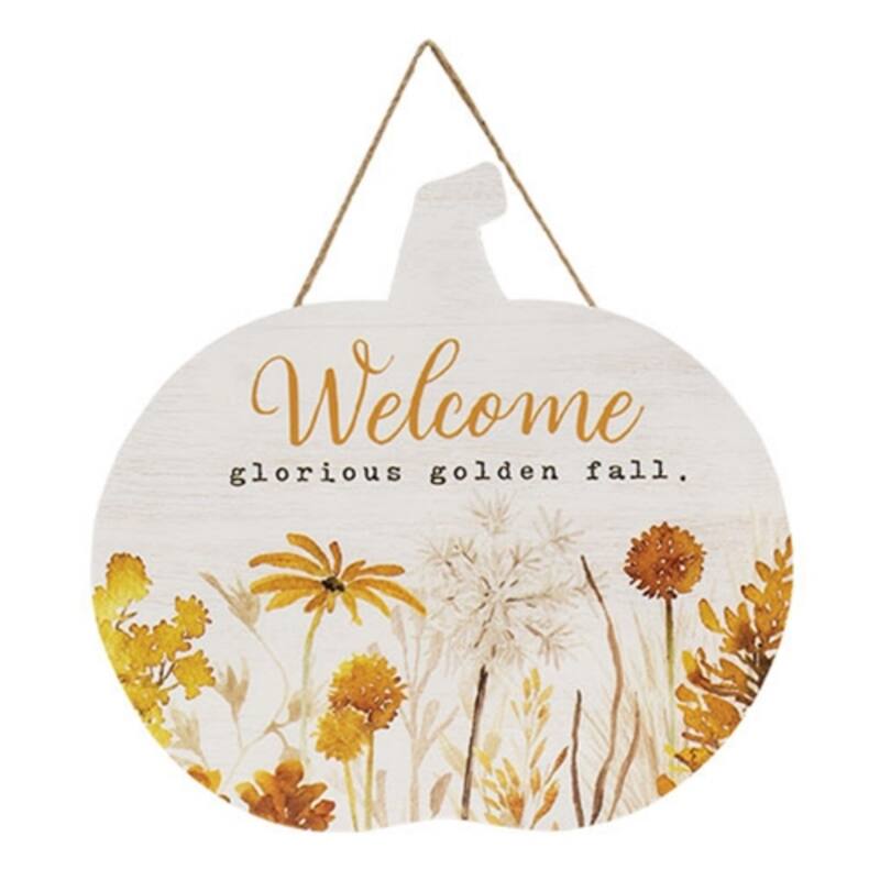 Autumn Wall Hanging Pumpkin Sign with Warm Floral Design and Welcome Glorious Golden Fall Text - 13.5" H x 14" W x .25" D
