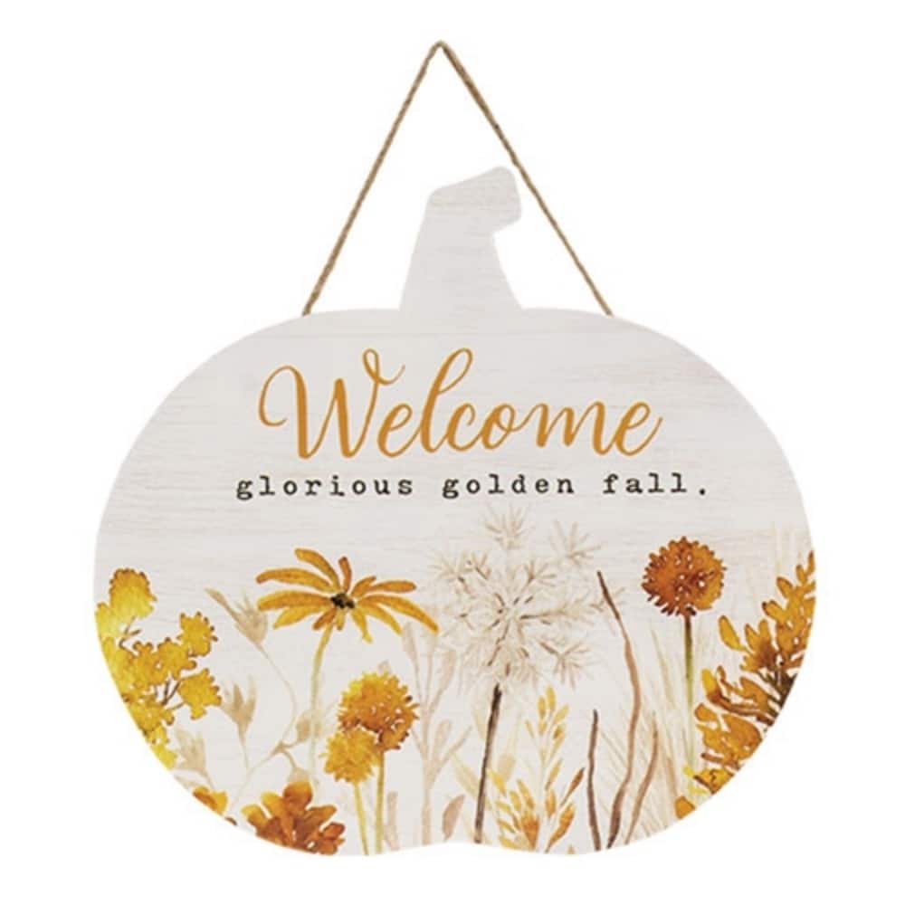 Autumn Wall Hanging Pumpkin Sign with Warm Floral Design and Welcome Glorious Golden Fall Text - 13.5" H x 14" W x .25" D