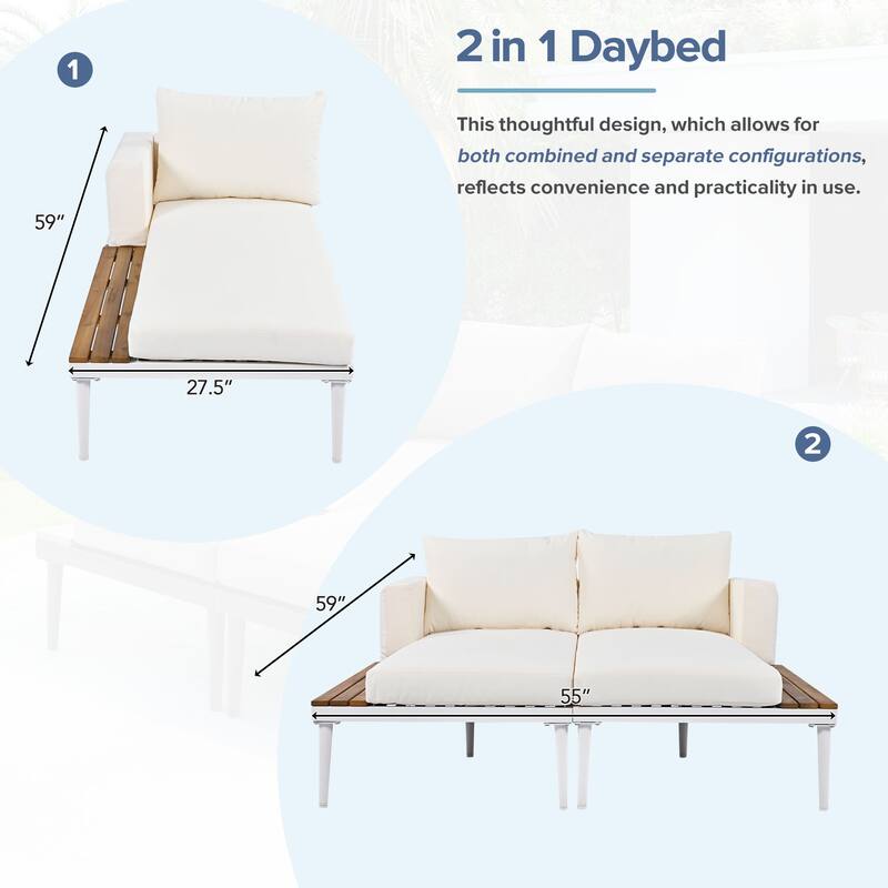 Modern Outdoor Daybed Patio Metal Daybed, 2 in 1 Padded Chaise Lounges for Poolside, Balcony, Deck, Beige