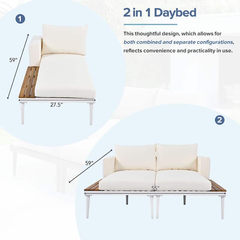 Modern Outdoor Daybed Patio Metal Daybed with Wood Topped Side Spaces for Drinks, 2 in 1 Padded Chaise Lounges