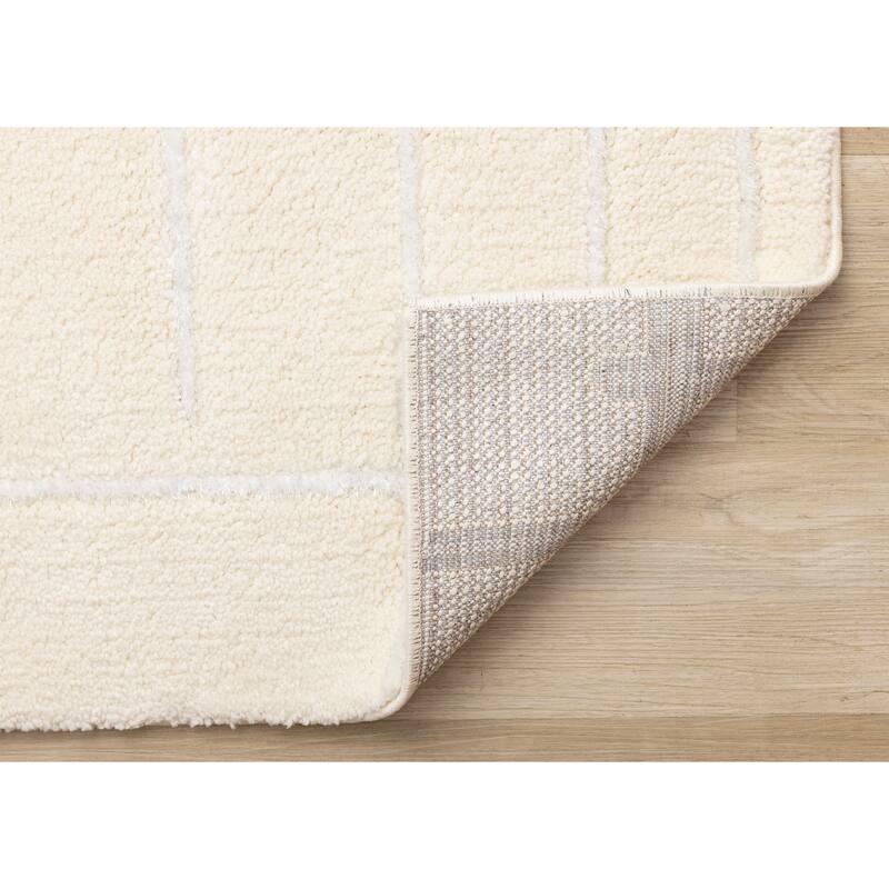Sutton Collection - Plush Polyester Cream White Lines Area Rug