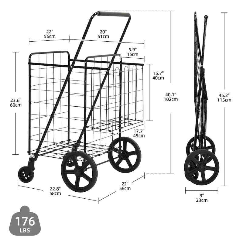 Moasis 40''H Folding Shopping Cart with Dual Storage Baskets - 22.8''W x 22"D x 40.1"H