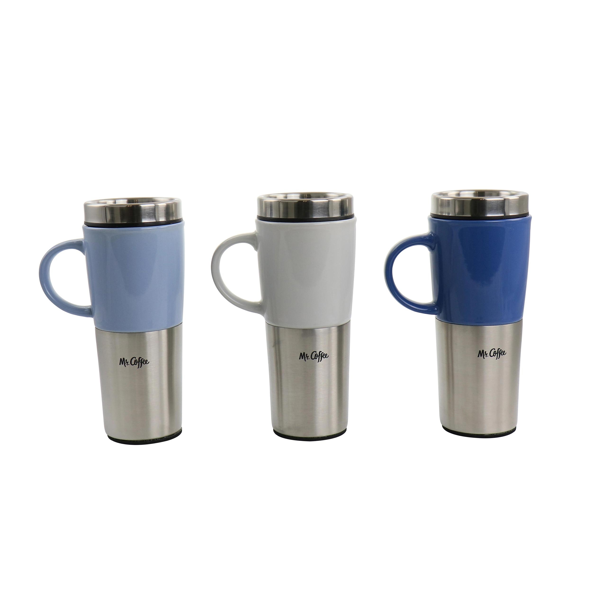 Mr. Coffee Travertine 16 oz Stoneware & Stainless Steel Travel Mug with Lid set of 3 Assorted