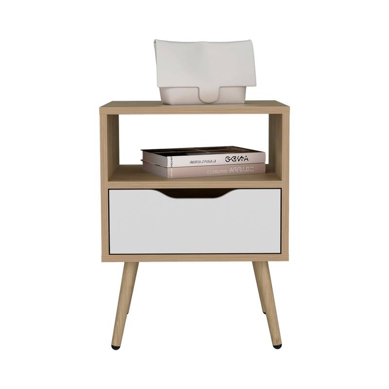 Wooden Nightstand with Single Drawer, Bedroom Coffee Table with Open Shelves, Sofa Side Table with Solid Wood Legs