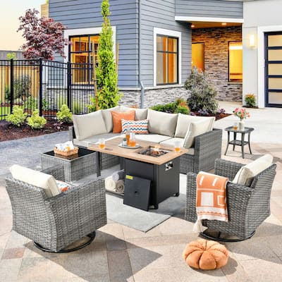 XIZZI 9-piece Outdoor Patio Wicker Sectional Sofa Set with Fire Pit Table