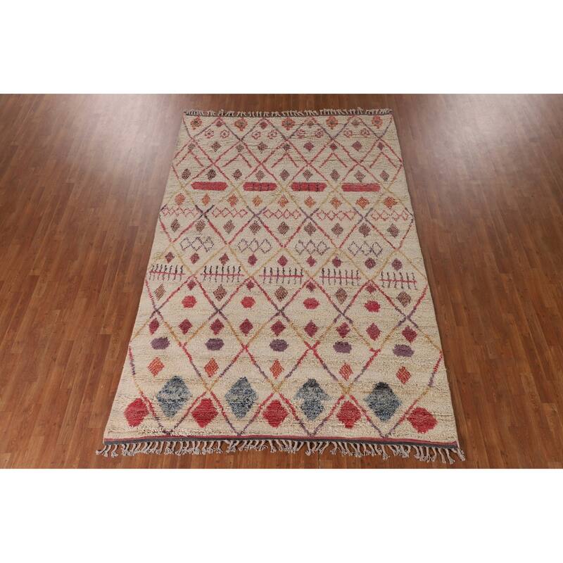 Tribal Moroccan Area Rug Handmade Beige Wool Carpet - 7'0" x 10'4"