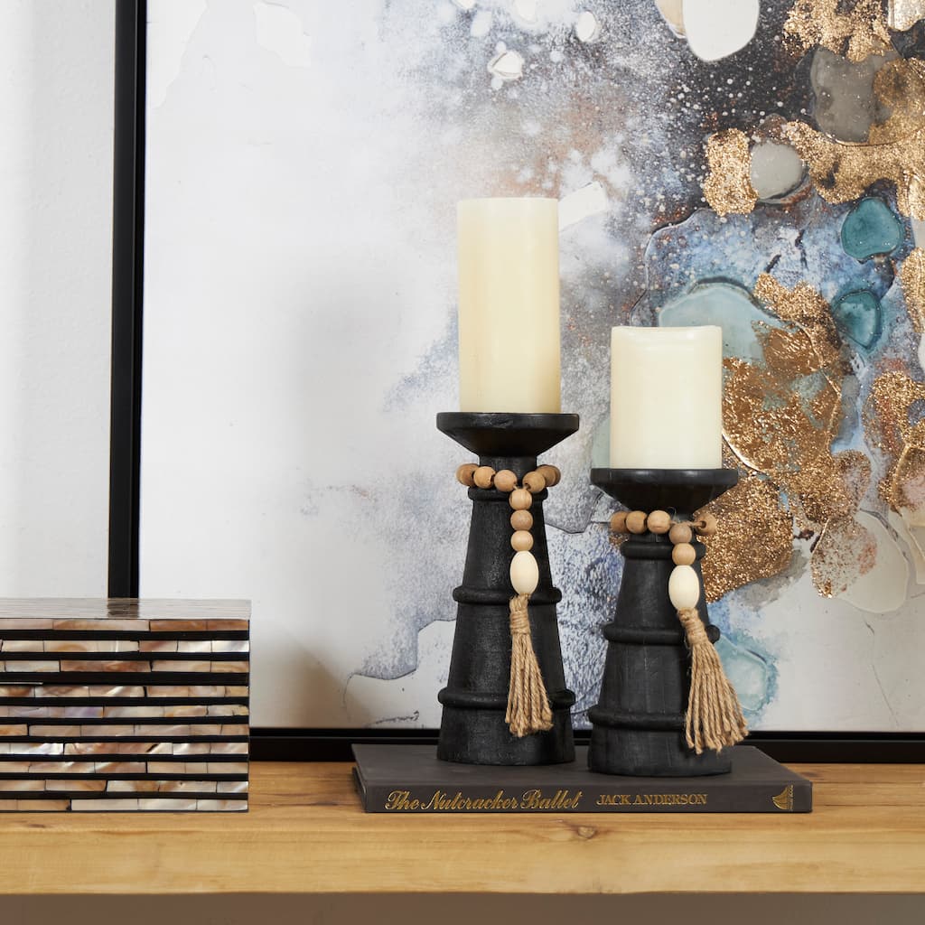 Black Wood Handmade Textured Matte Candle Holder with Beaded Garland Accent (Set of 2)