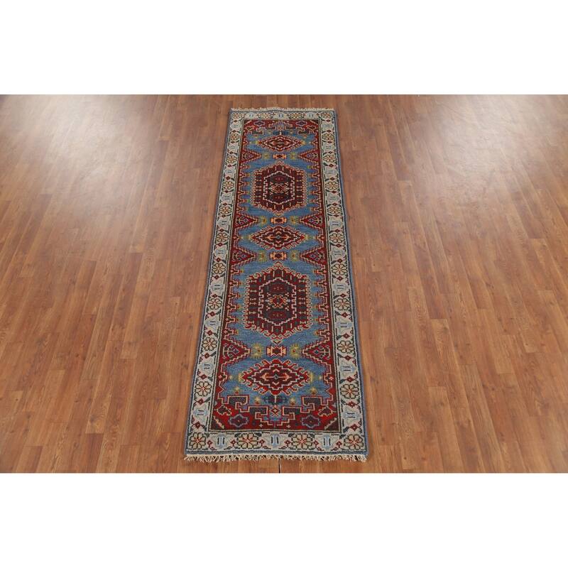Light Blue Geometric Viss Oriental Runner Rug Hand-Knotted Wool Carpet - 2'6"x 7'9"