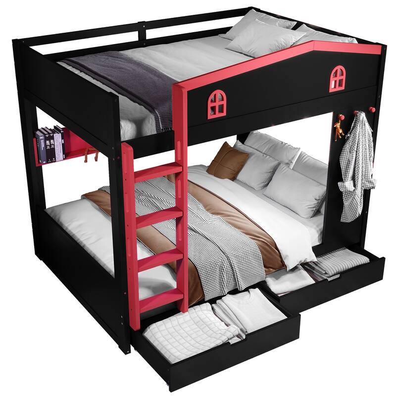 Queen over Queen Bunk Bed Rustic House Bunk Bed with Hooks Storage Shelves, Solid Wood Under-bed Storage Drawers or Trundle