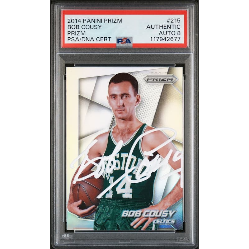 Bob Cousy 2014 Panini Prizm Silver Signed Basketball Card #215 Auto Graded PSA 8 Cert # 117942677 - 8' x 11'
