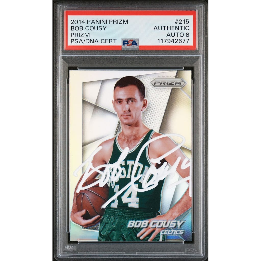 Bob Cousy 2014 Panini Prizm Silver Signed Basketball Card #215 Auto Graded PSA 8 Cert # 117942677 - 8' x 11'