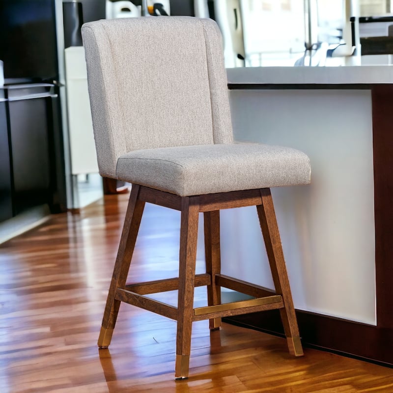HomeRoots 26" Taupe and Brown Solid Wood Swivel Bar Chair - Counter Height - Single - Taupe