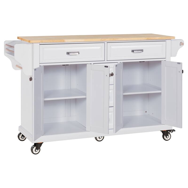Kitchen Island with Rubber wood Countertop, Kitchen Cart on 5 Wheels with Storage Cabinet and 5 Drawers for Dinning Room