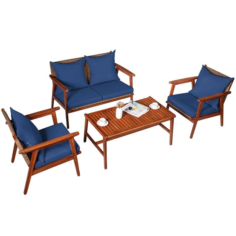 Costway 4PCS Patio Rattan Furniture Set Acacia Wood Frame Cushioned - See details