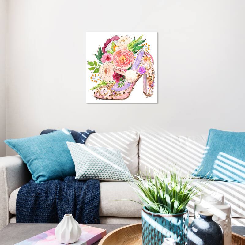 Wynwood Studio Canvas Fashion and Glam Adorned Shoe II Pink and Modern & Contemporary Wall Art Canvas Print - 20 x 20