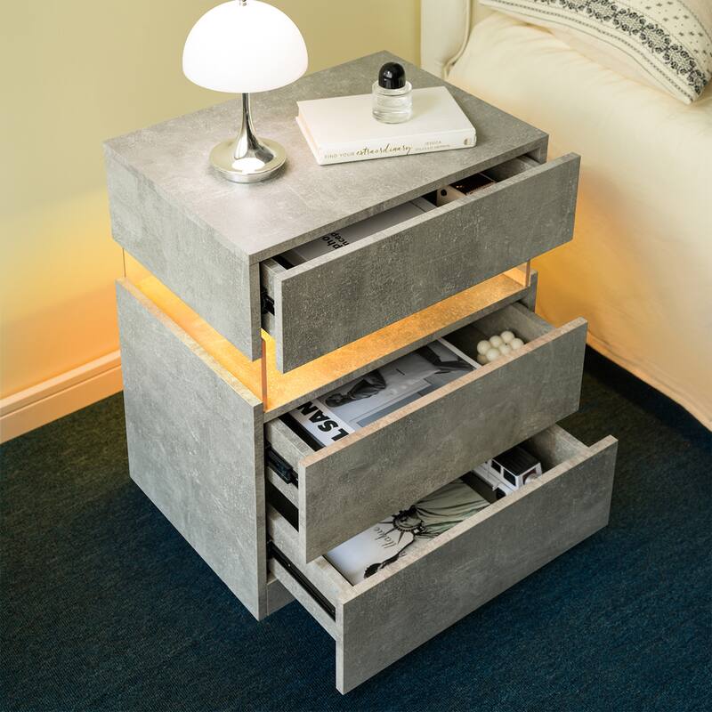 Rossetta Minimalist Stylish Design Nightstand with LED Lights and Storage Drawers