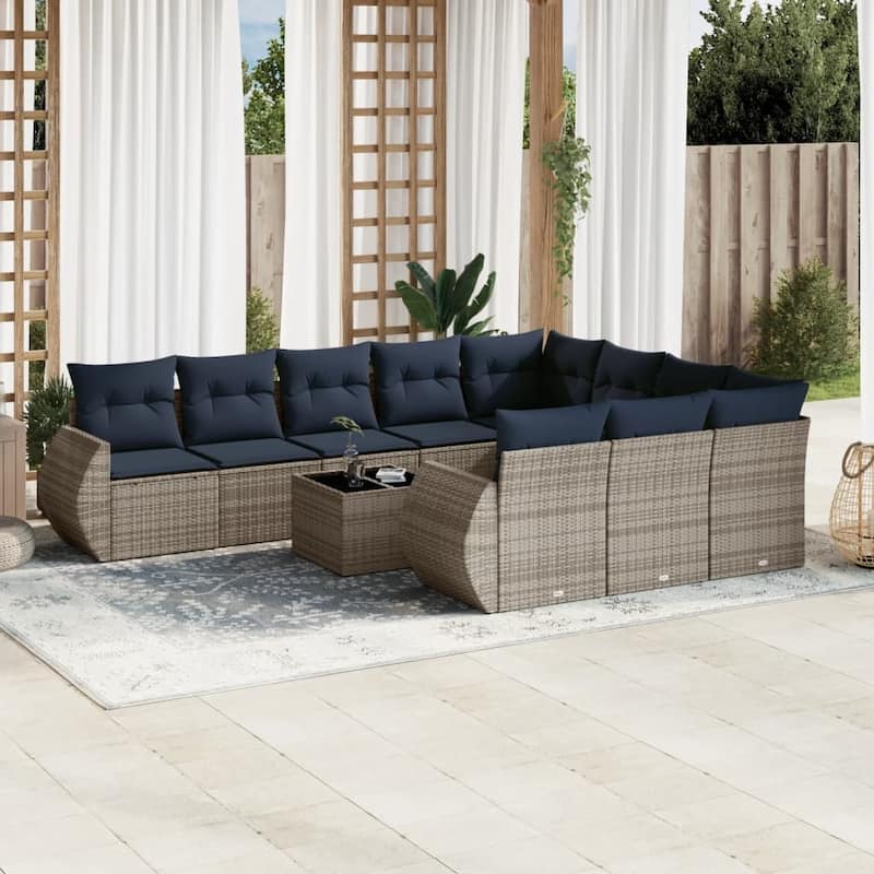vidaXL 10 Piece Patio Sofa Set with Cushions Grey Poly Rattan - 24.4" x 24.4" x 27.2" - Grey and blue With table