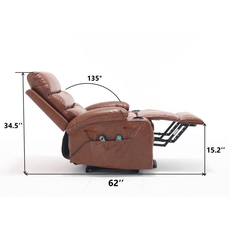 PU Leather Power Lift Recliner, Electric Recliner with Heating & Massage, Massage Chair with Side Pockets & Cup Holders