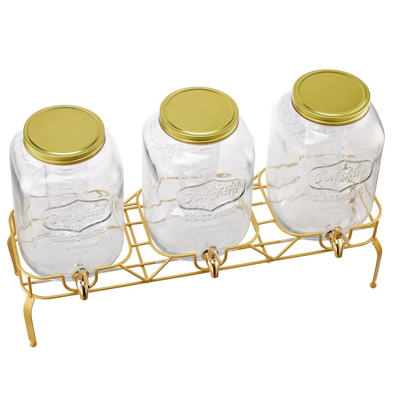 Transparent Glass Three Cylinder Beverage Dispenser 6 Gal with Metal Stand and Chalkboards - 28.35 x 8.27 x 18.11 in